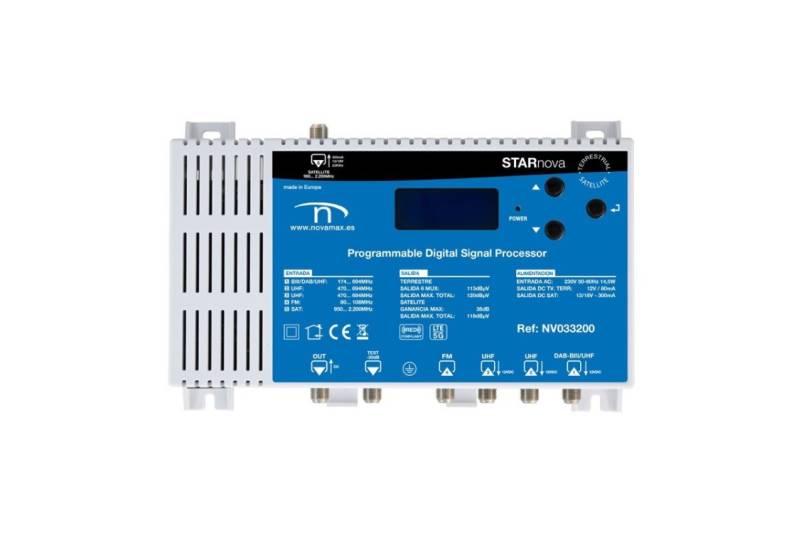 Central programable 32 filtros, 4 Entradas 1FM, 3 UHF   G 50dB VHF - 60dB UHF. Salida 93-113db.