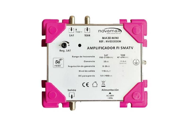 Amplificador FI + Mezcla de TDT, 35-40dB, 118dBu nivel de salida, Conector F. 2E (Terr/Sat) y 1S